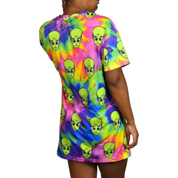 ASOS Freaky Alien Dress Green Tie Dye Oversized Shirt Graphic Mini Neon Size 2 - Picture 2 of 16